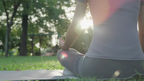 공원에서 명상을 동양인 아침에 운동을 합니다 긴장을 스트레스를 줄이고 평화롭고 — 비디오