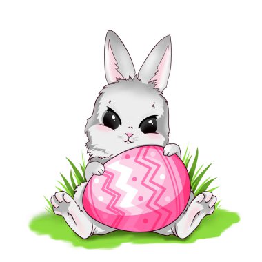 Sevimli Paskalya tavşanı, büyük bir Paskalya yumurtasıyla oturan tavşan, yeşil çimlerde renkli Paskalya yumurtaları, mutlu bahar, karikatür şeklinde çizilmiş tatil kartı, beyaz bir arka planda izole edilmiş..