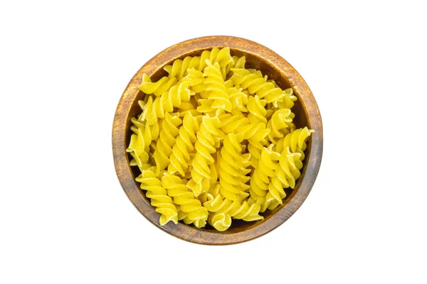 Uncooked Spirellie Fusilli Wooden Bowl Isolated White Background Top View — 스톡 사진