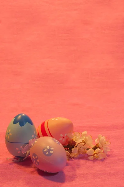 Three Easter eggs with blossoming apricot twig on pink — Stock Photo, Image