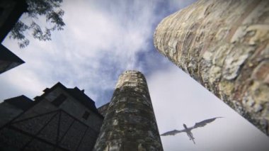 Mythological dragon flying over a medieval village