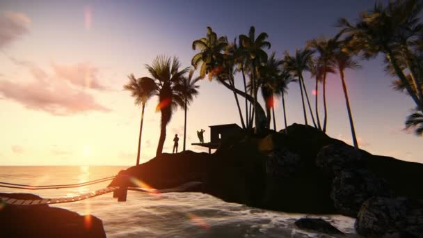Surfista admirando o pôr do sol em uma ilha tropical — Vídeo de Stock
