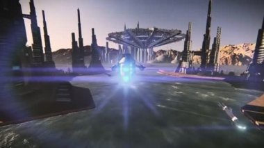 uçan daire fütüristik bir şehirde kalkış