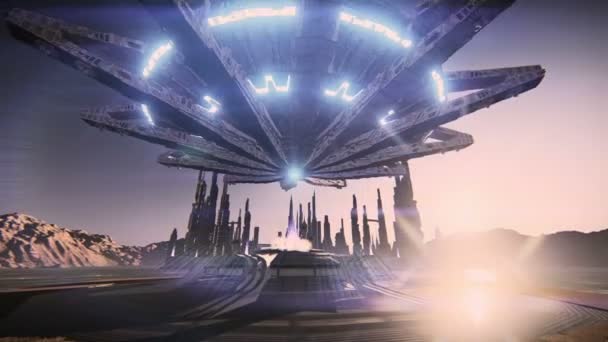 Flying saucer taking off in a futuristic city — Stock Video