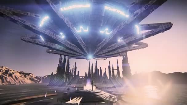 Soucoupe volante décollant dans une ville futuriste 