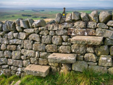 Üç yıpranmış, merdiven döşenmiş kuru bir taş duvarın içinde Hadrian 'ın Northumberland, İngiltere, İngiltere' deki Duvarı 'ndaki bir alan sınırında bir çukur oluşturuyor..