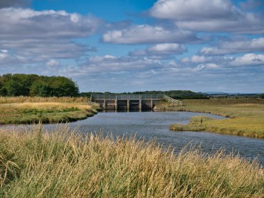 Flood defences in the low lying salt marshes around South Low near Goswick in Northumberland, England, UK. Taken on a sunny day in summer. clipart