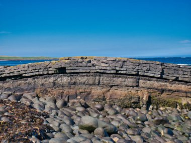 Northumberland sahilindeki, Dunstanburgh Kalesi 'nin yanındaki Greymare Rock' ın katlanmış kaya tabakası. Whin Sill 'in bir çıkıntısı, İngiltere' nin kuzeydoğusundaki volkanik kaya doleritinin bir tablosu..