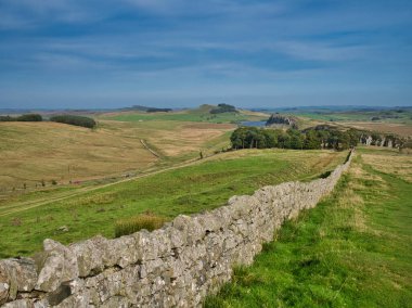 Açık kırsal alanda, Hadrian 's Wall Northumberland, İngiltere' de. AD122 'de başlayan duvar Britanya boyunca uzandı ve Roma İmparatorluğu' nun kuzey sınırını oluşturdu..