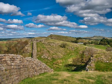 Northumberland, İngiltere 'deki Hadrian Duvarı' nın savunma tahkimatının kalıntıları. AD122 'de başlayan duvar Britanya boyunca uzandı ve Roma İmparatorluğu' nun kuzey sınırını oluşturdu..