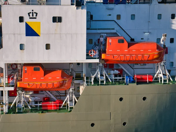 Two Orange High Visibility Launch Ready Marine Lifeboats Suspended White — Foto de Stock
