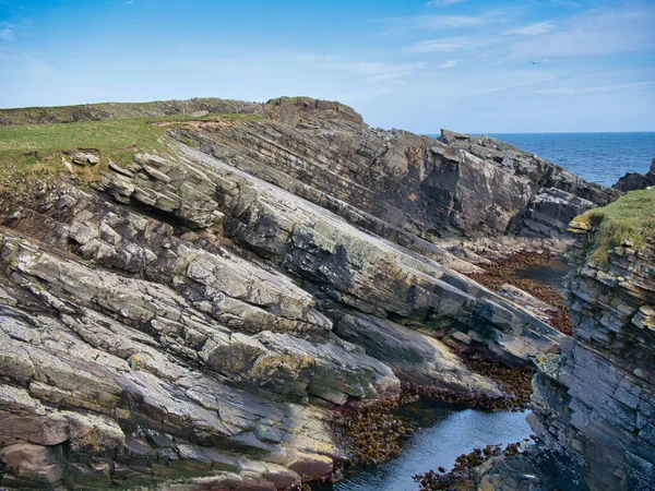 Estratos Rochosos Inclinados Falésias Costeiras Ness Sudeste Shetland Rochas Sedimentares — Fotografia de Stock