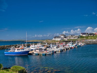 Anakara, Shetland, İskoçya, İngiltere 'deki Hamnavoe Marina' da demirli yerel balıkçılık ve eğlence tekneleri sakin ve güneşli bir günde çekildi. Arka planda yerel evler görünüyor.