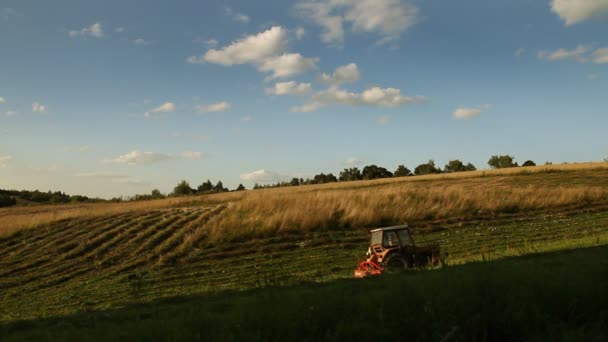 Tractor trabajando en el prado — Vídeos de Stock