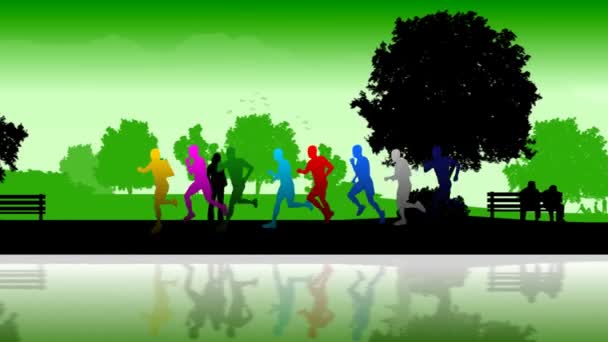 Colourful silhouettes of running people — Stock Video