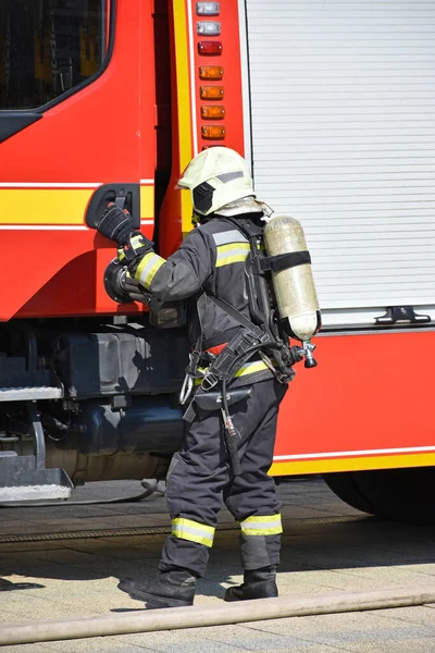 Firefighter at work in the city street