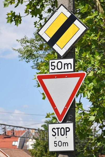 Yield End Highway Road Traffic Signs — Stok fotoğraf