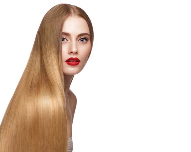 Mükemmel düz saçlı, güzel sarışın kız ve klasik makyajlı. Güzel yüz ve saç..