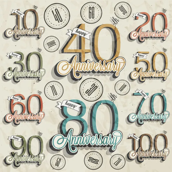 Anniversary sign collection and cards design in retro style. — Stock Vector