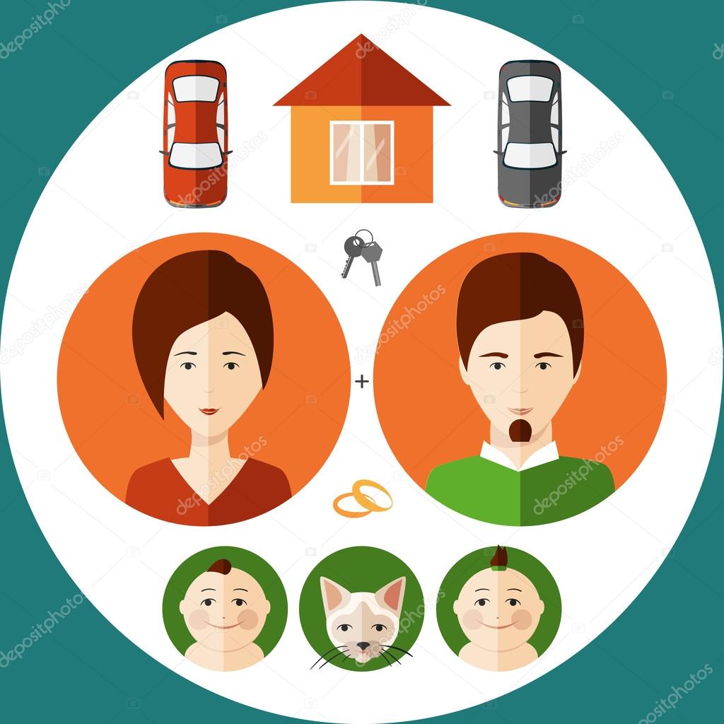Young family in a flat style of thinking about his house, childr