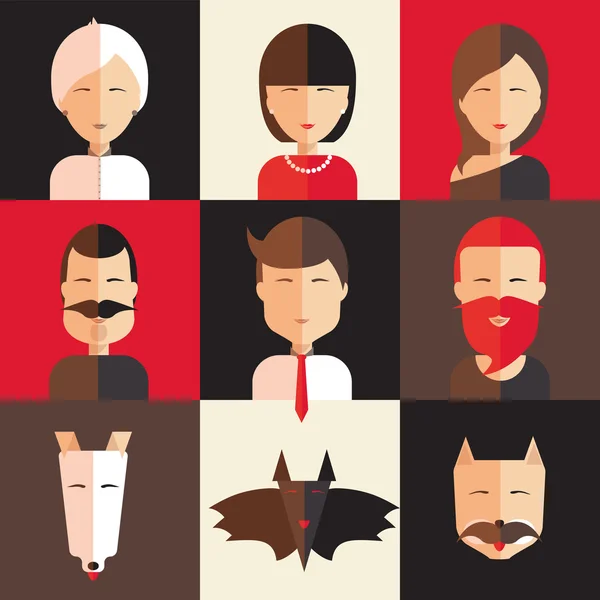 Ensemble d'avatars de femmes, d'hommes, d'animaux . — Image vectorielle