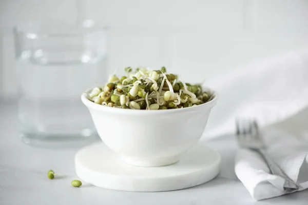 Sprouted Green Bean Seeds White Bowl Close — Stockfoto