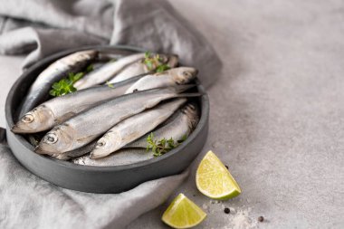 Gri bir tabakta limonlu, baharatlı ve deniz tuzlu taze baharatlar, yakın plan.