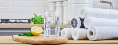 Bir bardak filtrelenmiş temiz su, ters osmoz filtresi, limon ve kartuşlar mutfaktaki masada. Ev filtreleme ya da arıtma sistemini kavra.