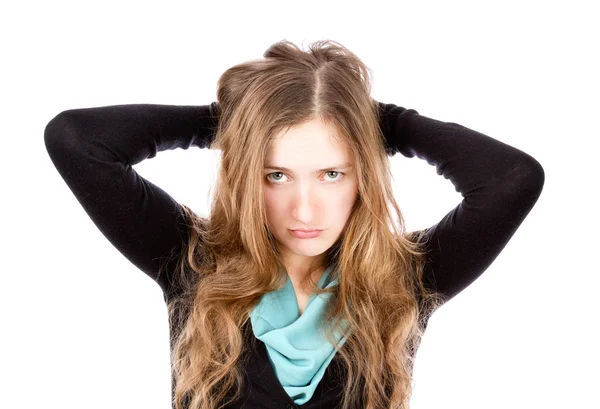 Displeased young woman with shaggy hair holding hands on head — Stock Photo, Image