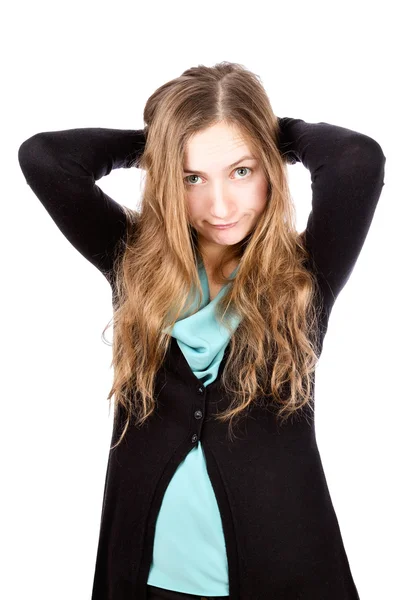 Flirty young woman with funny face holding hands on head — Stock Photo, Image