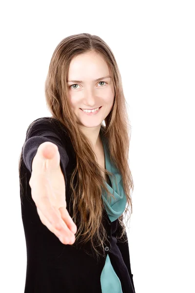 Mujer joven da un apretón de manos con la cara sonrisa —  Fotos de Stock