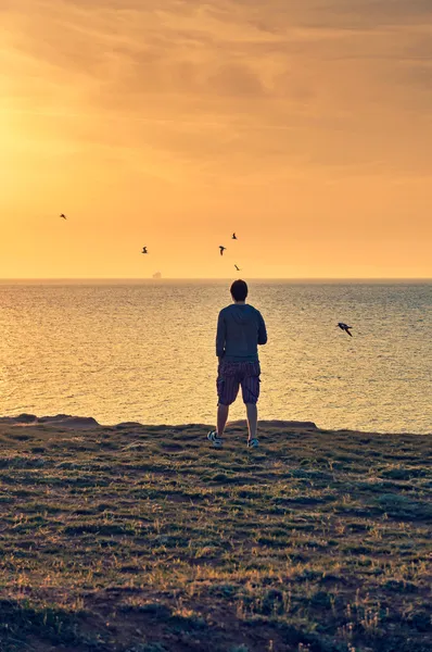 Silhueta de um homem caminhando em uma praia — Fotografia de Stock