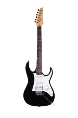 Siyah elektirikli gitar beyaz arkaplanda izole edildi.