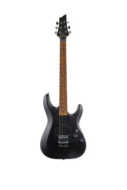 Siyah elektirikli gitar beyaz arkaplanda izole edildi.