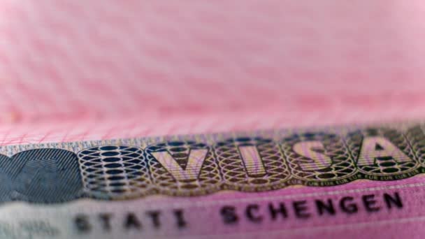 Macro shot biometric passport with schengen visa. European visitor visa for tourism and travel in EU — Stock Video