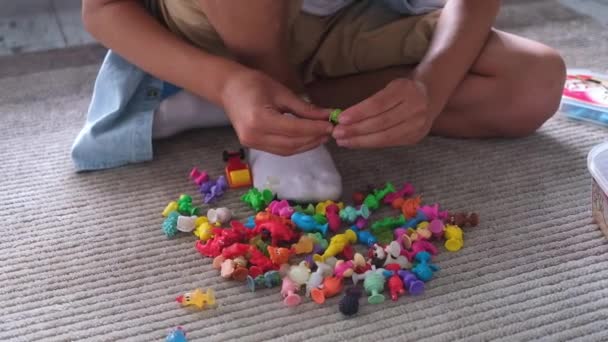 小さな幼児の男の子は カーペットの建物の創造的なゲーム 想像力上の自宅のリビングルームでカラフルなプラスチック製のおもちゃで遊ぶ — ストック動画