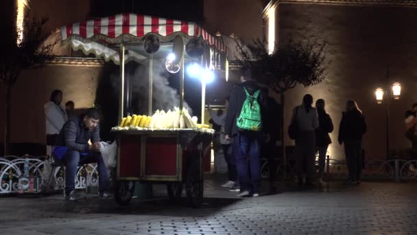 Продавец Варил Кукурузу Площади Султанахмет Стамбуле Вечером Турция Сентябрь 2021 — стоковое видео