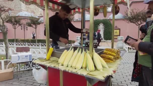 イスタンブールのスルタナメット広場でゆでたトウモロコシとロースト栗の売り手 トルコイスタンブール2021年9月 — ストック動画