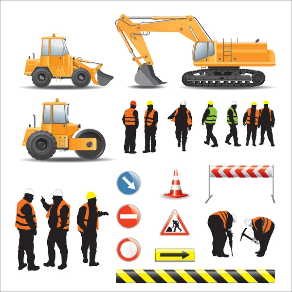 Workers and machines for road construction — Stock Vector