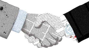 Shaking hands of  newspaper columns clipart