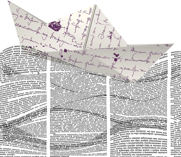 Barco de papel flotando sobre olas de columnas de periódico — Archivo Imágenes Vectoriales