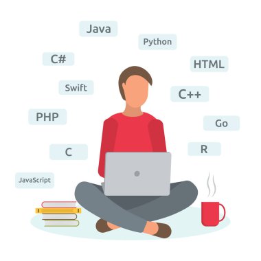 Erkek programcı evde online kurslarda programlama dilleri öğreniyor. Adamlar dizüstü bilgisayarda çalışıyor. Not defteri. Öğrenci. Uzaktan kumanda. Düz stil. Vektör