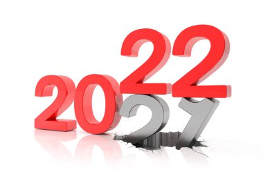 2020 ve 21 sayılarının 3 boyutlu yorumlanması beyaz yansıtma arkaplanı üzerinde kırmızıyla. 21 numara 20 numaranın üzerine düşer ve onu yerle bir eder..
