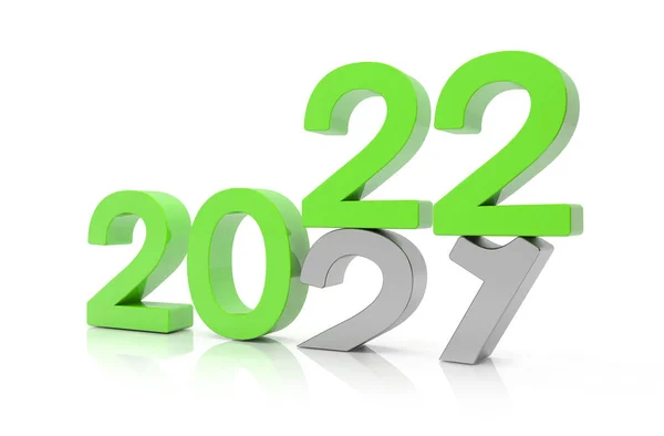 3D渲染的数字2020年和21绿色在白色反映背景 21号球落在20号球上 并在地面上突破 — 图库照片