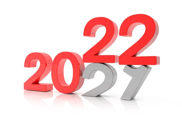 2020年と21年の数字の3Dレンダリングは 背景を反映して赤の上に ２１番は２０番に落ちて地面に押し入る — ストック写真