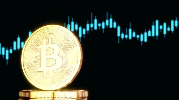 Video Animatie Van Een Draaiende Gouden Bitcoin Een Stapel Bitcoin — Stockvideo