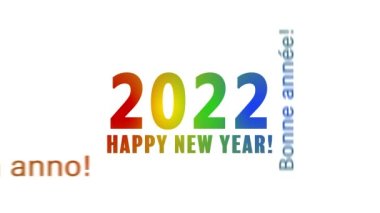 Beyaz arka plan ve farklı dillerde mutlu bir yeni yıl mesajı içeren bir kelime bulutunun video animasyonu 2022 yılını temsil ediyor.