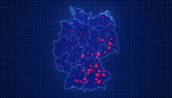 3d Illustration of a map of Germany with 16 federal states and Corona (COVID-19) case numbers