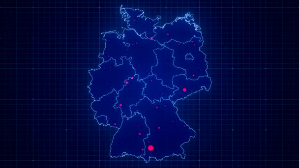 带有16个联邦州和Corona Covid 案件号的德国地图视频动画 — 图库视频影像