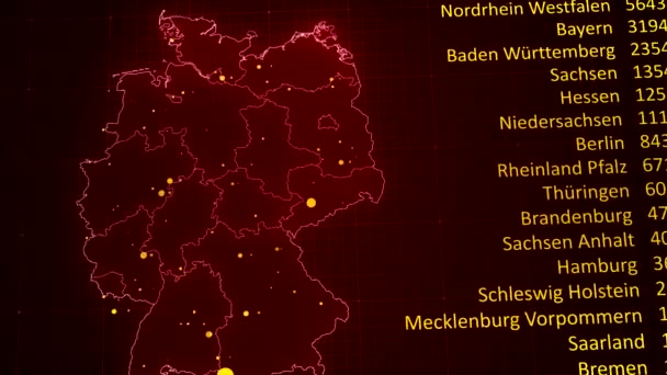 Animación Video Mapa Alemania Con Estados Federales Números Caso Corona — Vídeo de stock